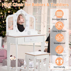 Garvee Kids Vanity with Tri-Fold Lighted Mirror, Stool, & Makeup Playset | Little Girls Vanity Table & Stool, Kids Makeup with Tri-Fold Mirror, Drawer & Storage Grid for 3-9 Yrs Girls, White