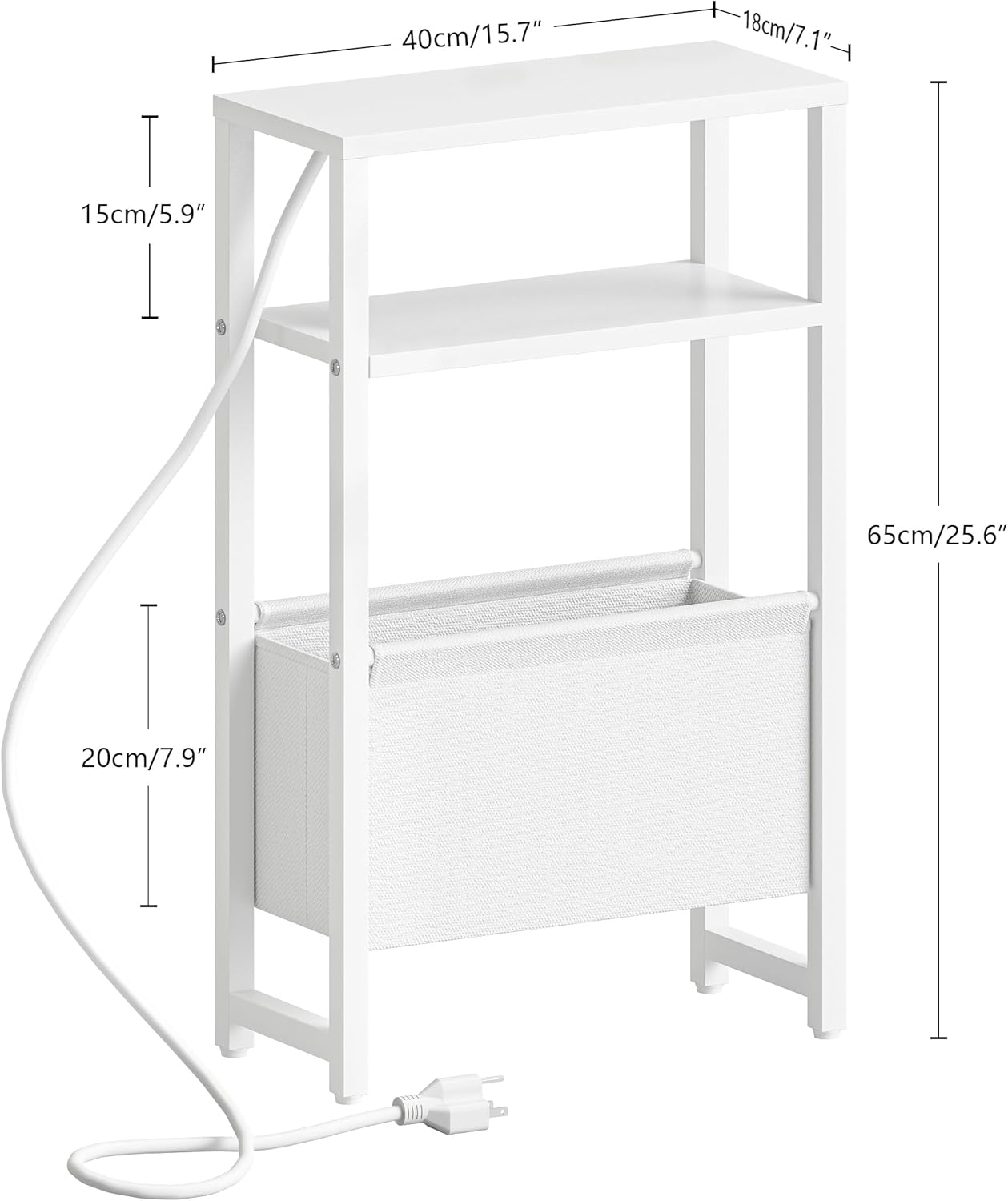 Narrow Side Table with Charging Station Slim End Table Sofa with Magazine Rack, Bedside Table for Small Spaces, 3 Tier Nightstand for Living Room Couch, Bedroom White LET503WE