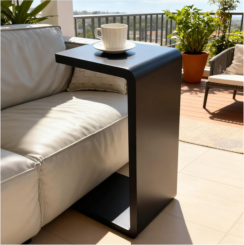 Solid Wood End Table for Couch, C Shaped Mini Sofa Side Table for Small Narrow Spaces, Wooden Nightstand for Living Room Bedroom Laptop Work Desk, Bedside Table for Office Balcony (1, black large)