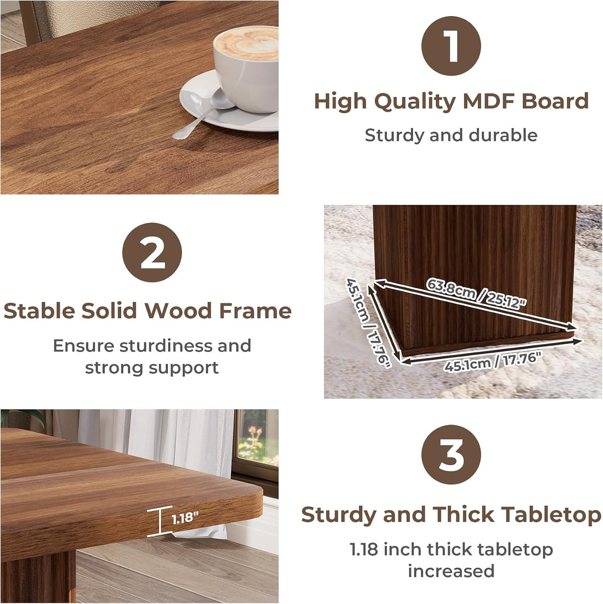 71 inch Rectangular Wood Dining Table for 6-8 People, Modern Fluted Pedestal Kitchen Table, Heavy Duty Waterproof Thickened Tabletop, Farmhouse Long Dinner Table for Home Restaurant, Walnut Brown