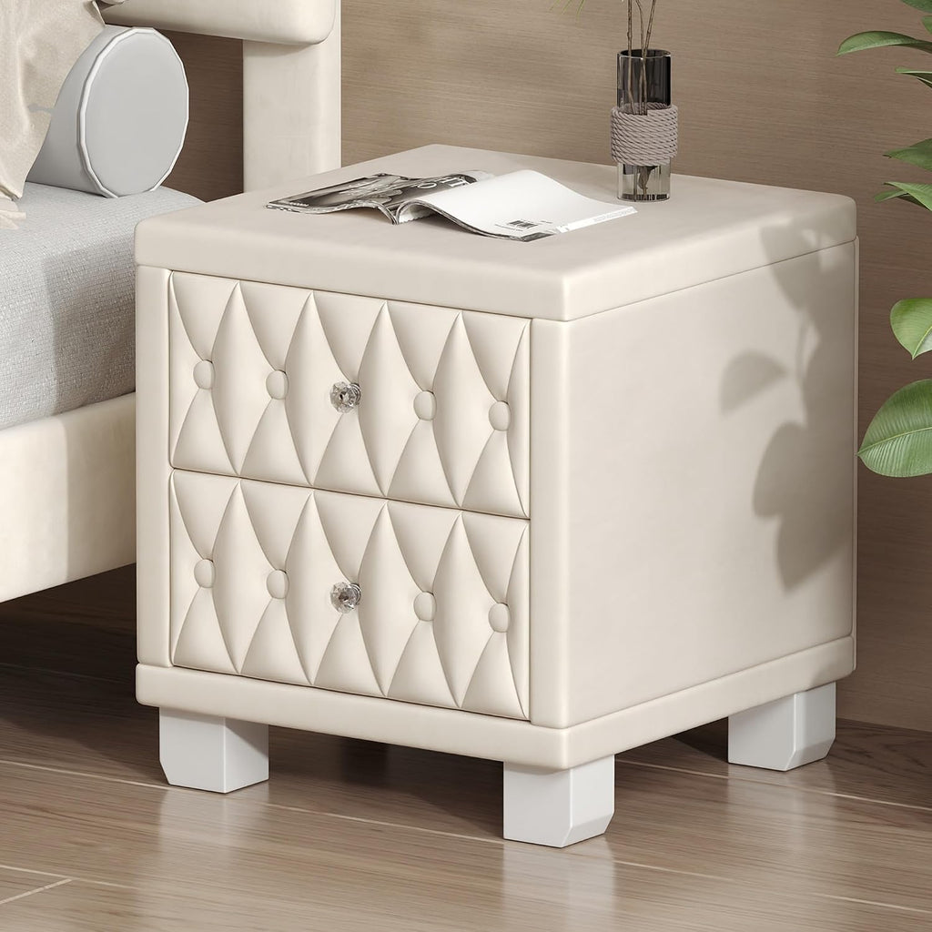 Elegant Velvet Nightstand with 2 Drawers and Crystal Handle, Storage Bedside Table with Button-Tufted,for Small Spaces