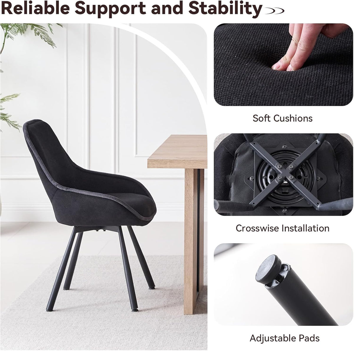 Swivel Dining Chair Set of 4, Modern Upholstered Fabric Kitchen Chairs with Thicken Cushion for Living Room Bedroom Restaurant (Black)