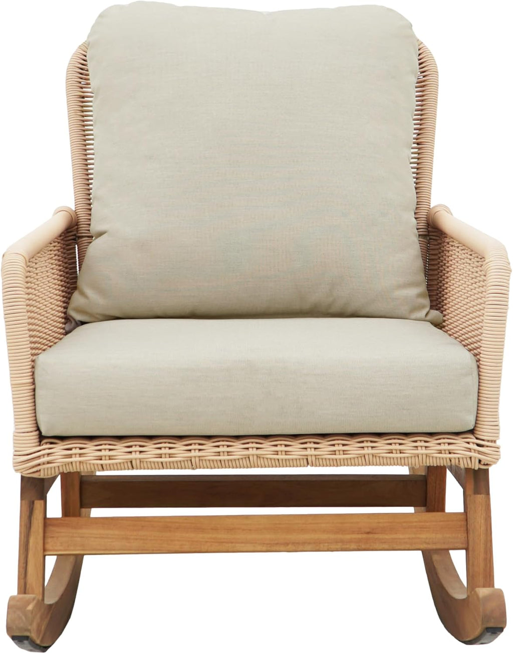 Rocking Chair with Padded Cushions, Modern Glider Chair, Wooden Frame with Rattan Armrest Design, Rocking Accent Chair with High Back for Living Room, Bedroom, Beige
