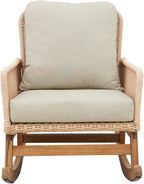Rocking Chair with Padded Cushions, Modern Glider Chair, Wooden Frame with Rattan Armrest Design, Rocking Accent Chair with High Back for Living Room, Bedroom, Beige