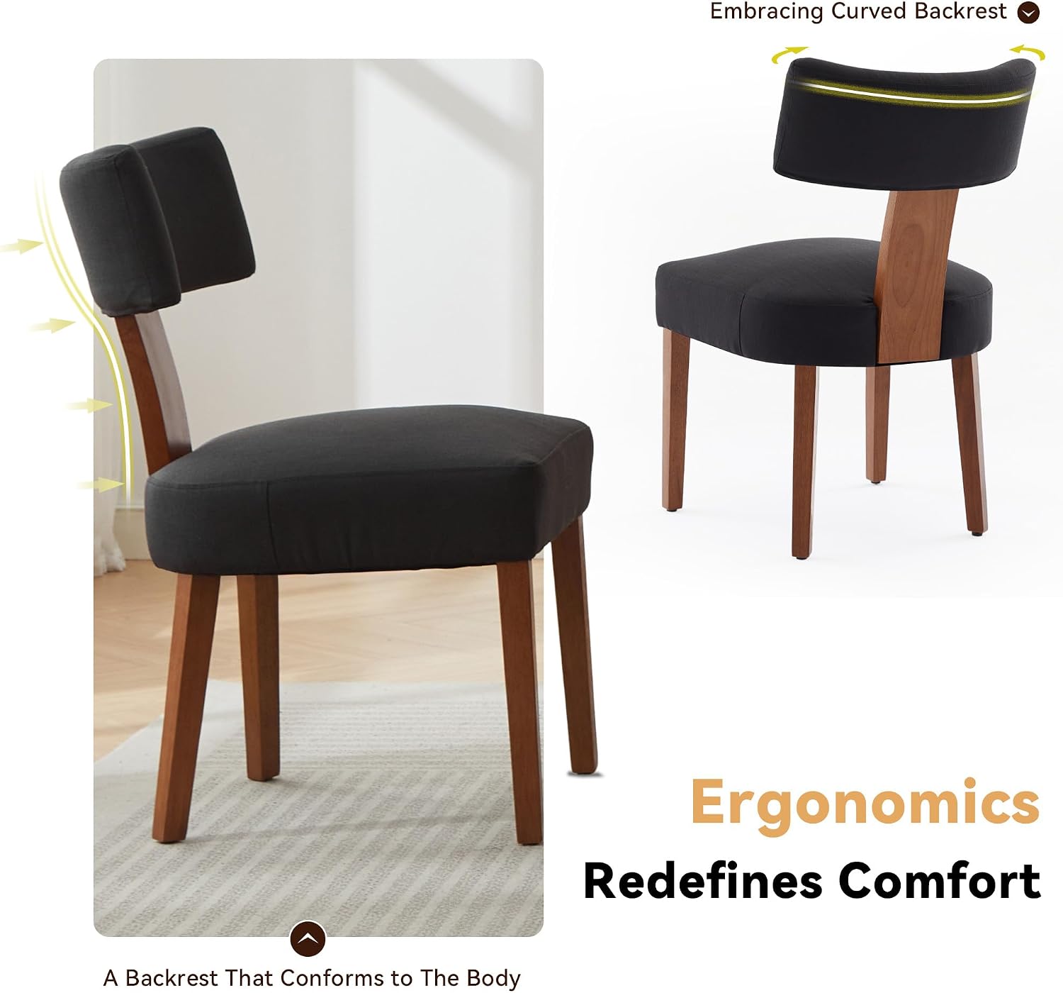 FOXHUNTER Upholstered Dining Chairs Set of 2, Modern Wooden Armless Kitchen Chairs with Curved Backrest, Mid-Century Farmhouse Dining Side Chairs, Linen Black