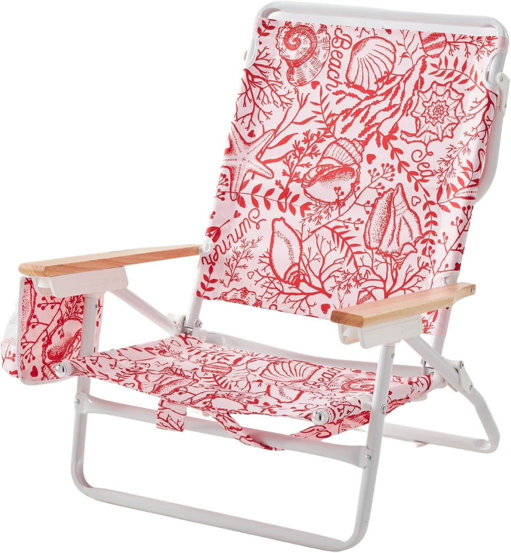 5-Position Low Beach Chair, Portable Lightweight Folding Beach Chair with Wooden Armrests, Storage Pouch & Carry Strap, Coastal Beach Print – Reef Crimson