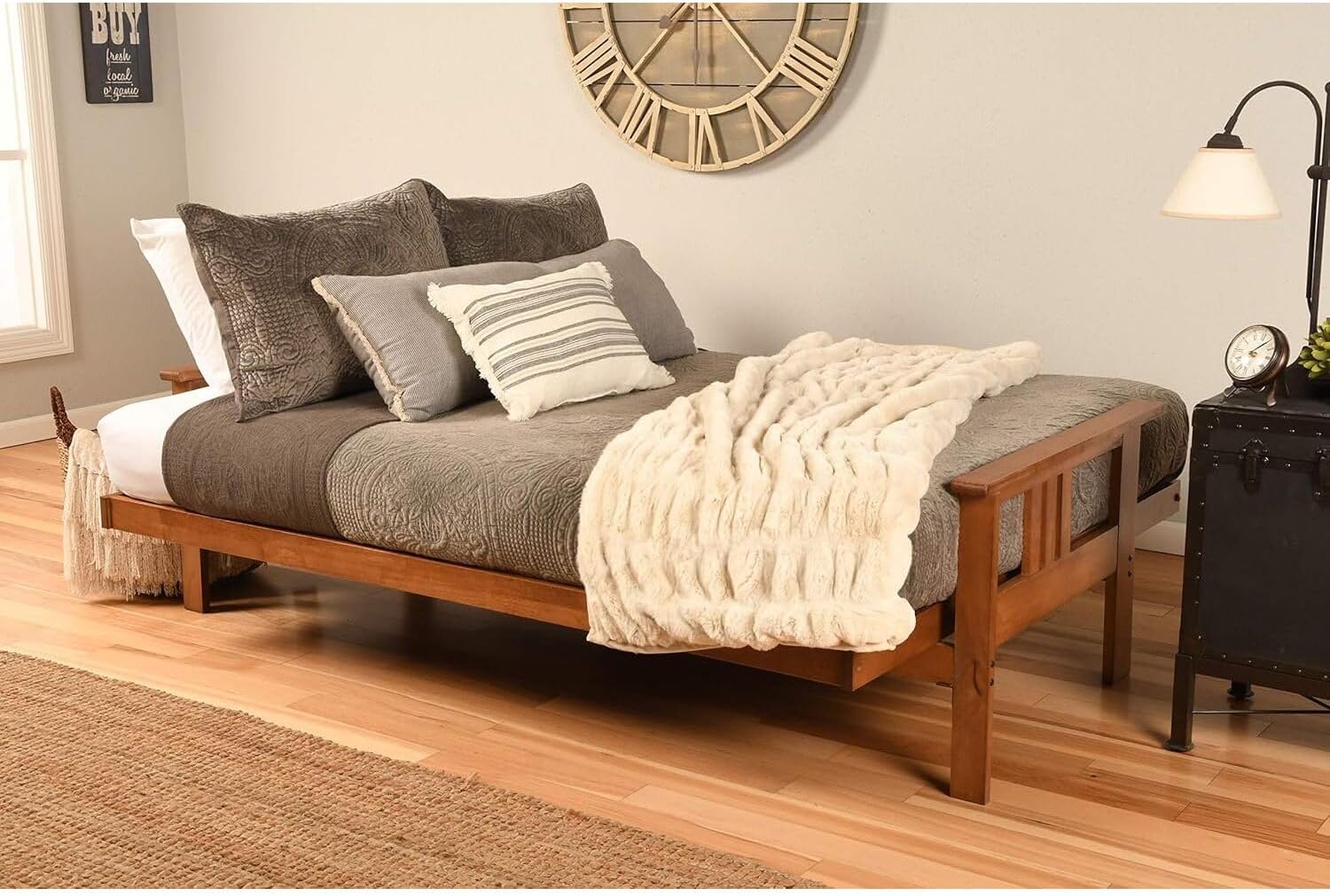 HomeStock Futon Frame Set with Mattress - Converts to Bed - Hardwood Sofa for Living Rooms Linen Charcoal/Barbados