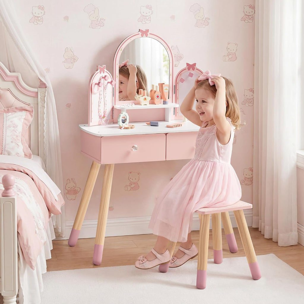 ROBOTIME Pink Kids Vanity Set with Butterfly Mirror Stool Age 3+, 39in×27in | Dress-up and makeup pretend play, butterfly mirror with stool and 2 drawers, builds confidence, birthday gift for age 3+