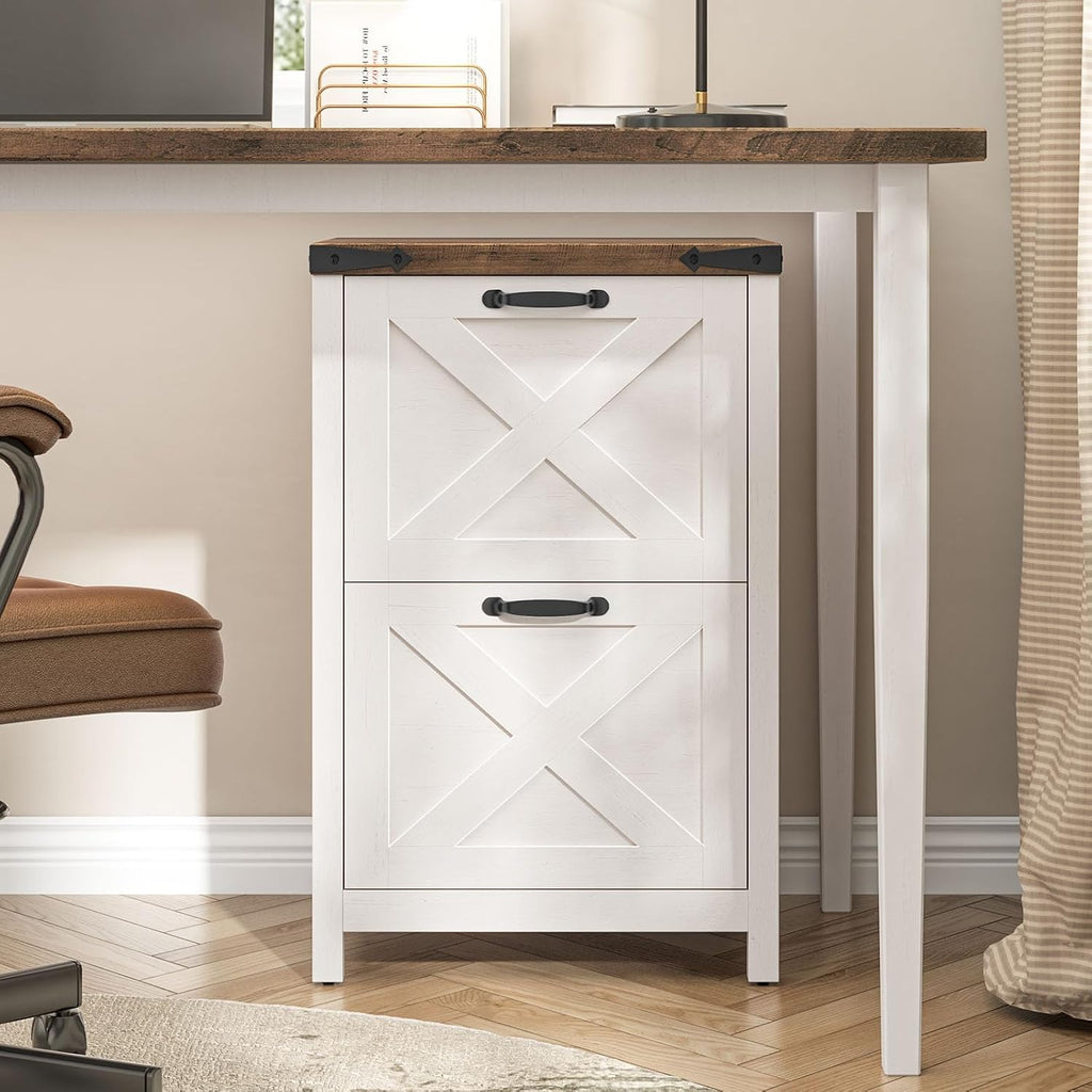 Halitaa Farmhouse File Cabinet with 2 Drawers for Home Office, Rustic White | Vertical Filing Cabinet Fits Letter and A4 Size, Farmhouse Printer Stand, Under Desk Wooden File Cabinet