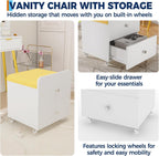Garvee Vanity Stool Chair with Storage, 17.32" l x 15.16" w x 17.32" h PU Ottoman with Lockable Wheels & Storage Drawer, Modern Multifunctional Chairs for Makeup