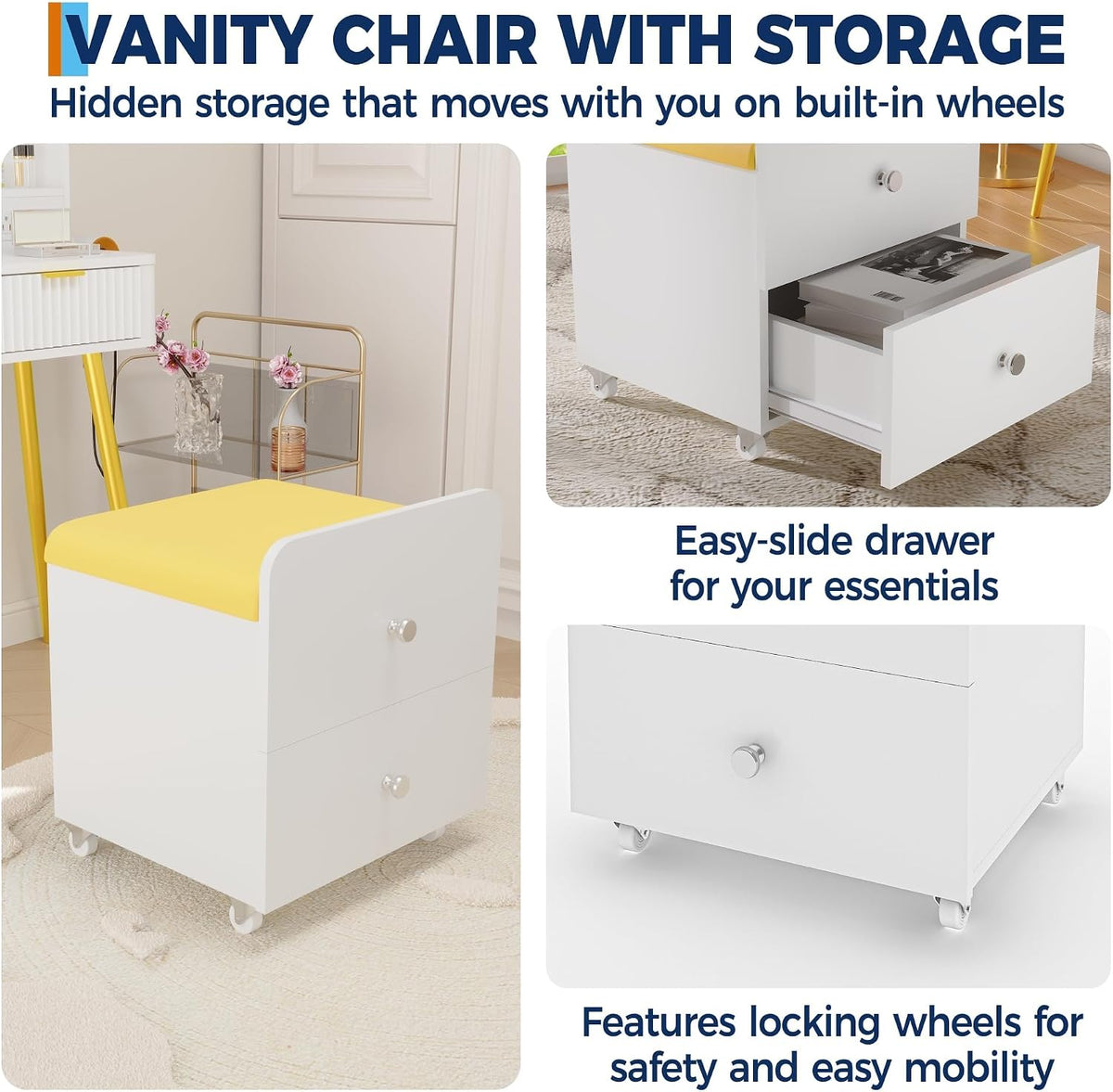 Garvee Vanity Stool Chair with Storage, 17.32" l x 15.16" w x 17.32" h PU Ottoman with Lockable Wheels & Storage Drawer, Modern Multifunctional Chairs for Makeup