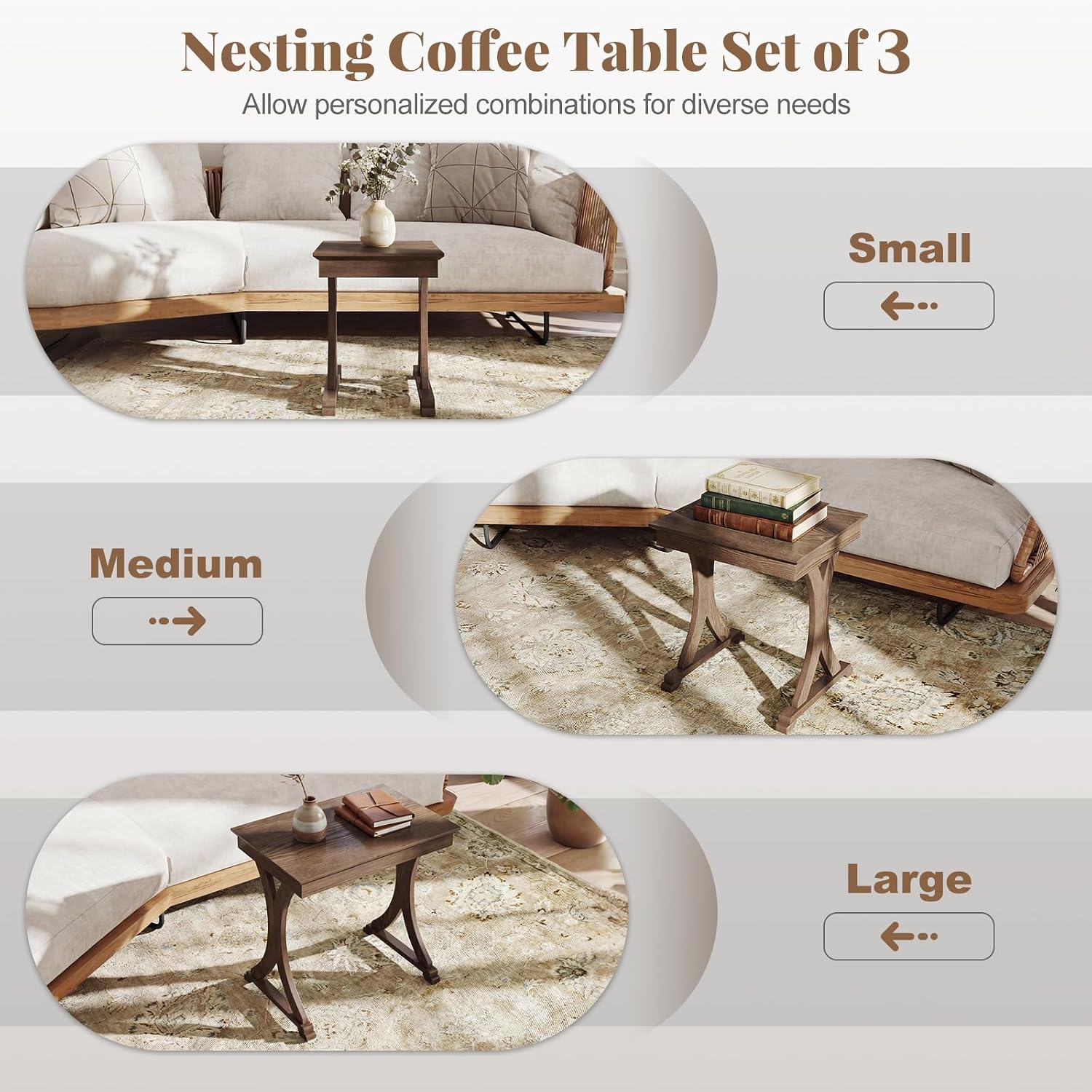GIANTEX Nesting Coffee Table Set-of-3 - Stackable Rectangular Sofa End Side Table w/Solid Rubber Wood Legs, Vintage Farmhouse Night Stand for Bedroom Living Room Home Office Small Spaces