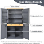Linique 71.3" Kitchen Pantry with 2 Drawers, 2 Adjustable Shelves, 8 Door Racks, Large Wooden Cupboard, Freestanding Tall Cabinet for Kitchen Dining Room Grey