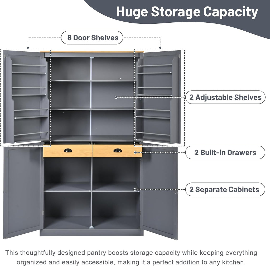 Kitchen Pantry Cabinet with Storage Drawers and 2 Adjustable Shelves, Freestanding Tall Cabinet with 8 Door Shelves, High Freestanding Kitchen Pantry, Gray