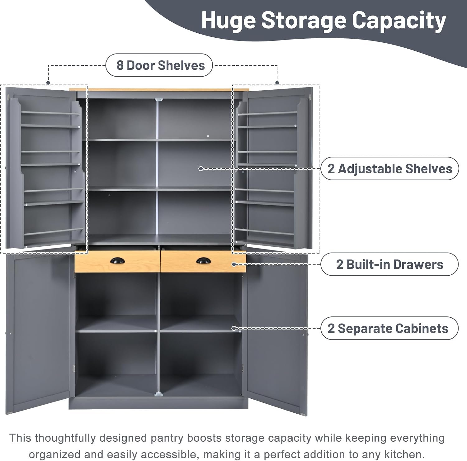 Kitchen Pantry with 2 Drawers and 2 Adjustable Shelves, 71.3inch Kitchen Cabinet with 8 Door Shelves, Large for Living Room, Gray