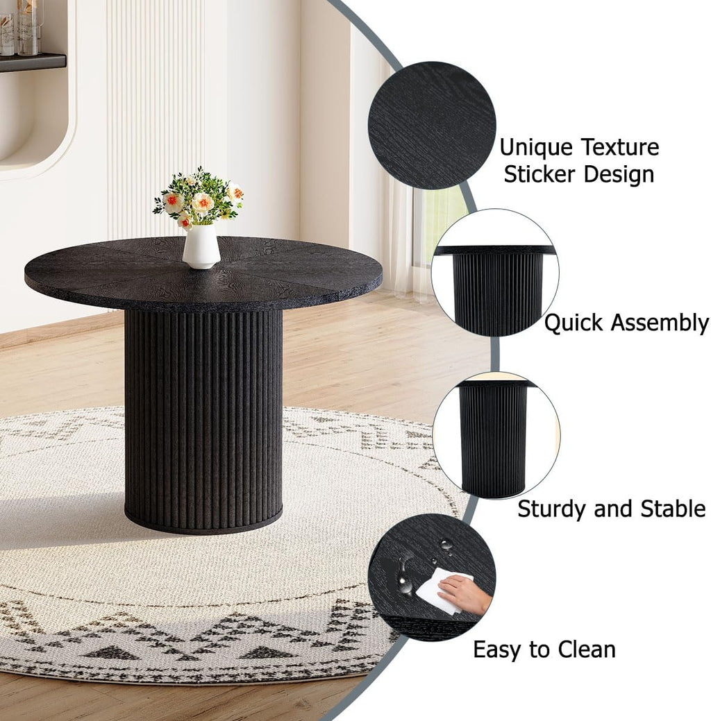 Round Dining Table for 4-6, Black Dining Table with 42'' Wood Tabletop and Cylindrical Pedestal Base, Circle Dinner Table for Kitchen&Dining Room