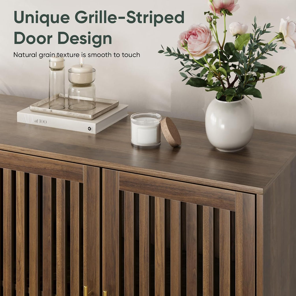 Smart FENDEE 63" Long Sideboard Buffet with 4 Slatted Doors, Farmhouse Buffet Storage Cabinet with Adjustable Shelf, Coffee Bar Cabinet for Entryway, Kitchen, Dining Room, Living Room, Walnut Color