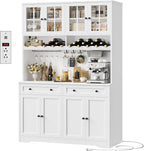 HOSTACK 75" Kitchen Pantry Storage Cabinet, Coffee Bar Hutch Cabinet, White | Tall Pantry Cabinet with Charging Station / Wide Countertop / Glass Doors / Wine Rack / Cup Holder / Drawers, Dining Room