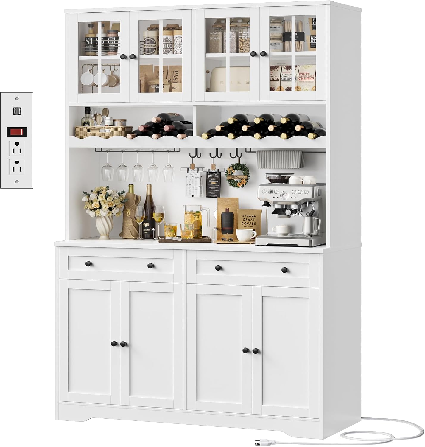 HOSTACK 75" Kitchen Pantry Storage Cabinet, Coffee Bar Hutch Cabinet, White | Tall Pantry Cabinet with Charging Station / Wide Countertop / Glass Doors / Wine Rack / Cup Holder / Drawers, Dining Room