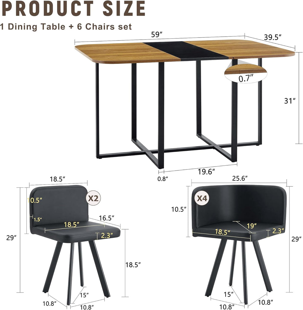 Dining Table Set for 6, 60" Faux Marble and Wood Kitchen Table with 6 PU Leather Chairs,Modern Retangular Dining Table Set for Kitchen,Living Room (Black, Wood+Black Table Set)