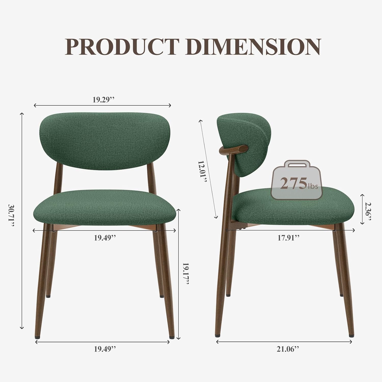 MALOL Upholstered Dining Room Chairs Set of 2, Kitchen Chairs with Metal Legs and Anti Slip Pads, Curved Back Dining Chair for Home and Restaurant Use, Green