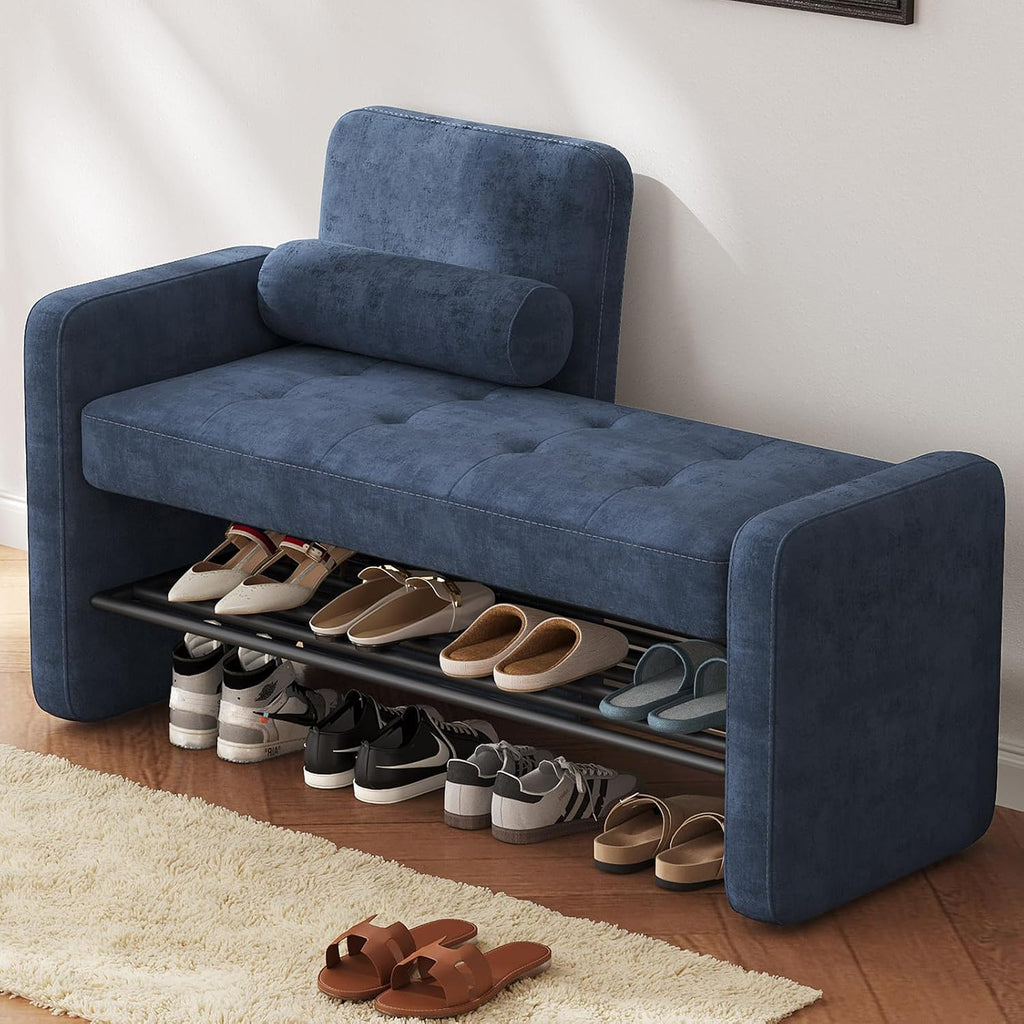 Miuuod 40.94" Navy Blue Upholstered Shoe Storage Bench with Adjustable Backrest,2-Tier Entryway Cabinet Ottoman,Bedroom Stool with Cushion, Narrow Hallway Organizer Shelf Seat for Living Room & Dorm