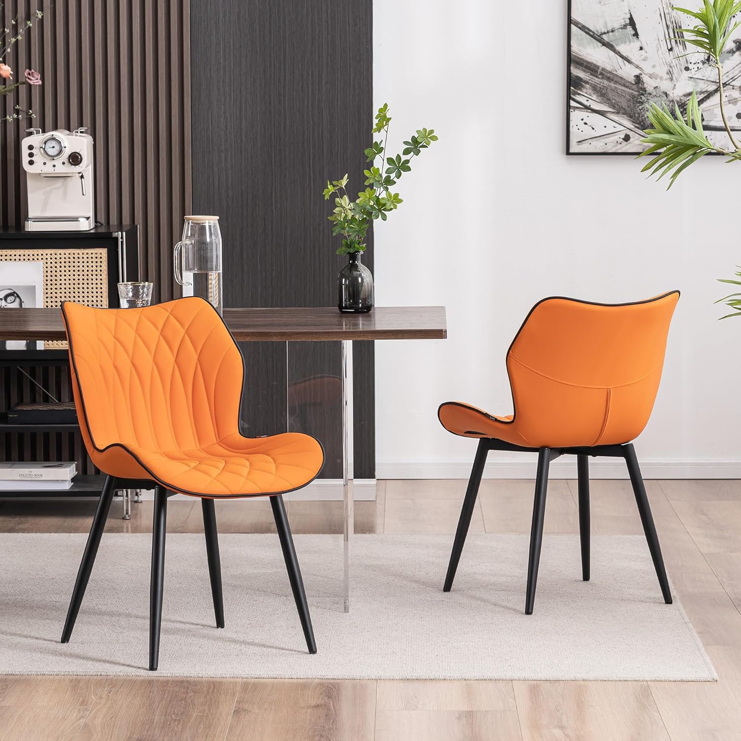 Kidol & Shellder Dining Chairs Set of 2, PU Leather Upholstered Kitchen Chairs with Back Armless, Mid Century Modern Side Chair for Dining Room, Living Room, Lounge, Restaurant, Orange
