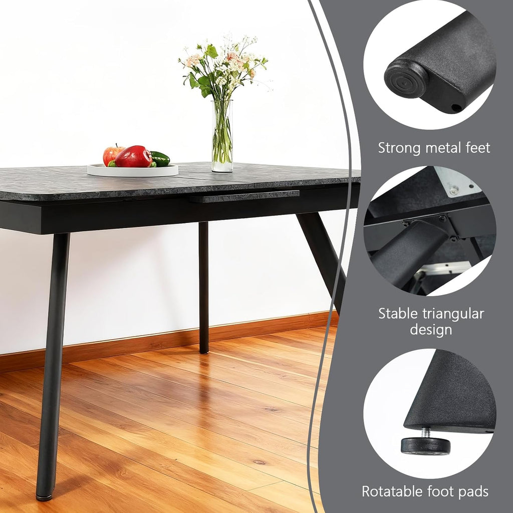 Extendable Dining Table 47-59 Inch - Space-Saving Slide-Out Design, Black Lava MDF Top for 4-8 People, Perfect for Dining Room, Apartment & Home Office