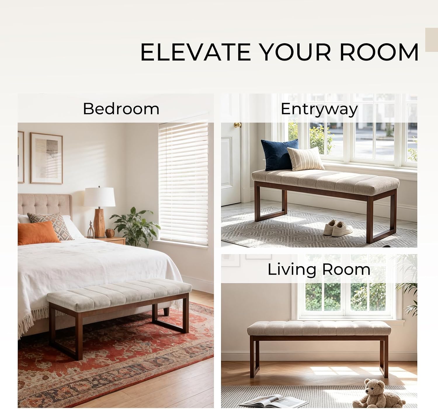 Bedroom Bench for End of Bed, 53.2" Modern Upholstered Chenille Fabric Entryway Bench & Window Bench, Footrest Stool Bench with Solid Wood Frame for Bedroom Living Room, Camel