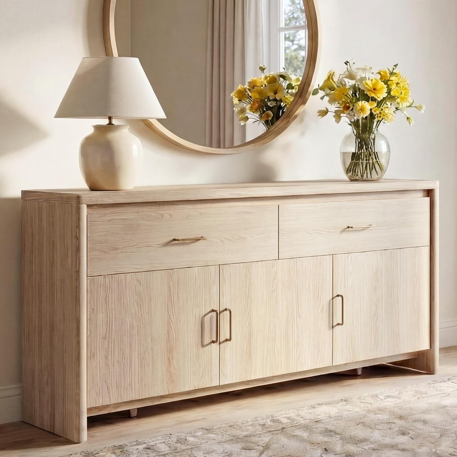 KISLOT 59" Sideboard Buffet Cabinet with Storage, Wood Kitchen Storage Cabinet with Adjustable Shelves & Drawers, Mid Century Modern Credenza for Kitchen, Living Room, Entryway (Natural Oak)