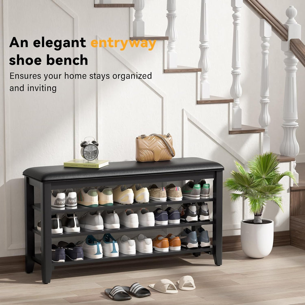 Shoe Rack Bench Entryway Storage with Leather Cushion, Shoe Organizer Bench for Entryway, Ideal for Front Doors Entrances Hallway Mudroom Featuring Rubberwood And 3 Height-Adjustable Removable Shelve