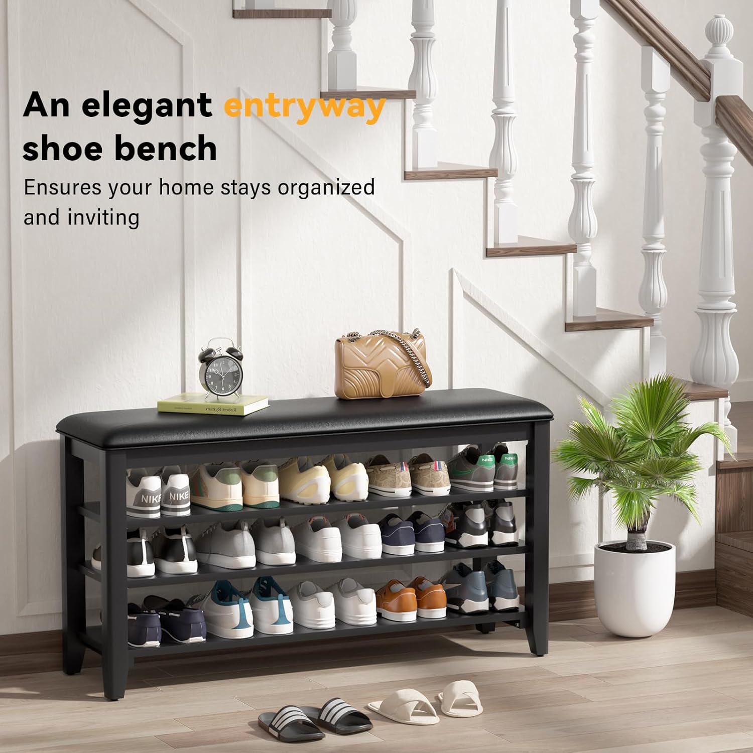 Shoe Rack Bench Entryway Storage with Leather Cushion, Shoe Organizer Bench for Entryway, Ideal for Front Doors Entrances Hallway Mudroom Featuring Rubberwood And 3 Height-Adjustable Removable Shelve