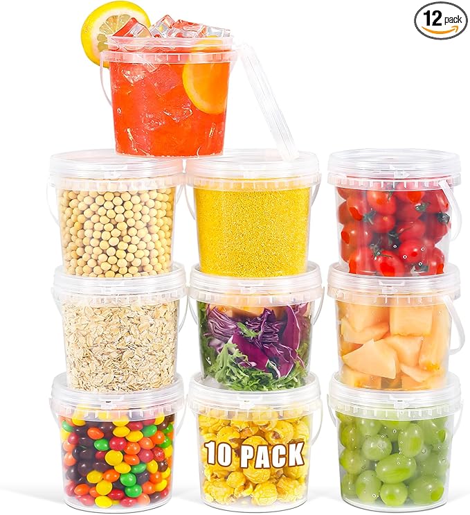 10-Pack 32 oz Airtight Clear Plastic Bucket with Lid, Ice Buckets for Parties, Reusable Ice Cream Tub with Handle, Food Storage Container, Food Grade Freezer and Microwave Safe for Sauce, Soup