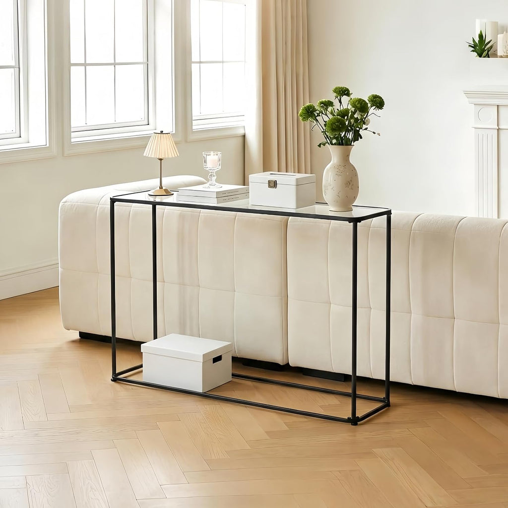 DDK Narrow Console Table 47 Inch, Thin Sofa Side Table with Glass Top & Metal Frame, Entryway Table with Open Storage for Hallway Living Room, Modern Slim Console Table for Small Spaces