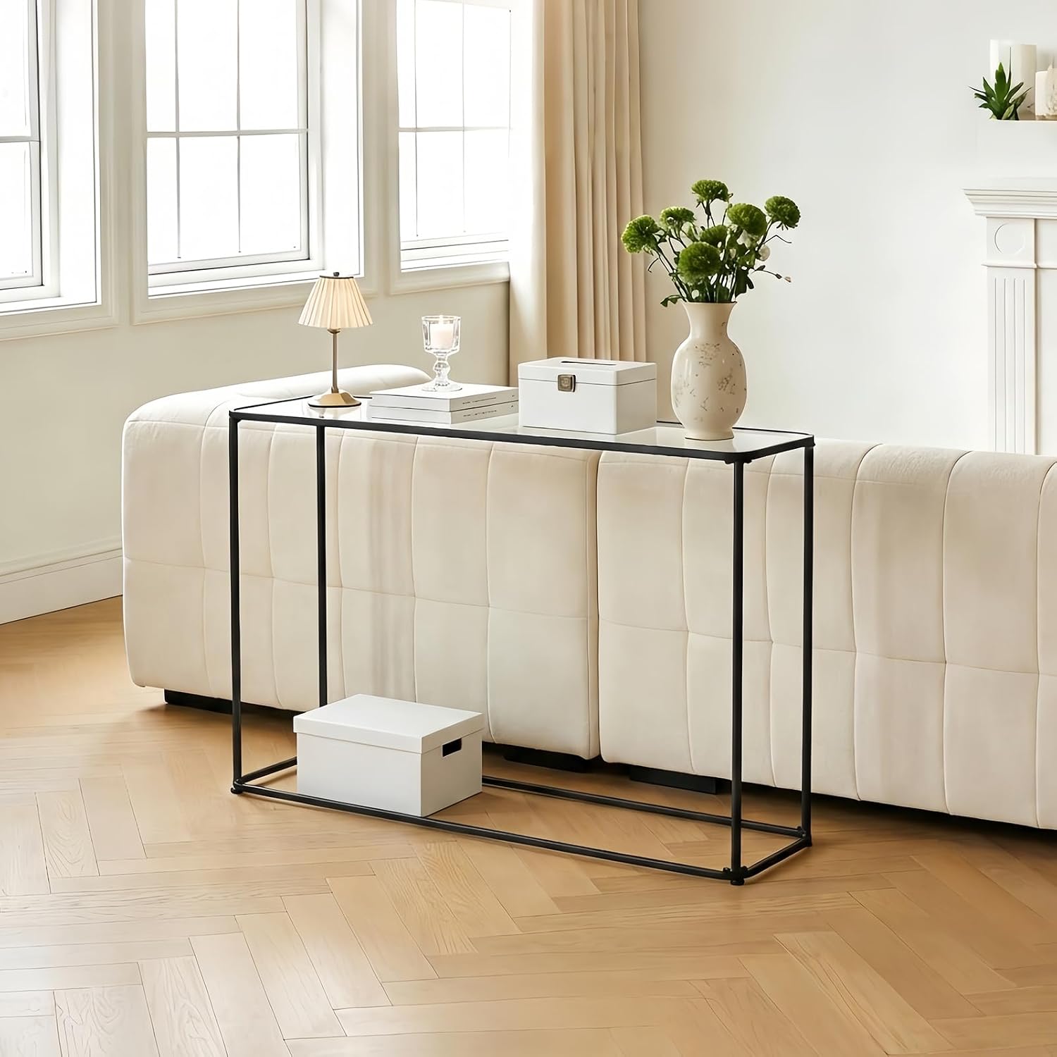 DDK Narrow Console Table 47 Inch, Thin Sofa Side Table with Glass Top & Metal Frame, Entryway Table with Open Storage for Hallway Living Room, Modern Slim Console Table for Small Spaces
