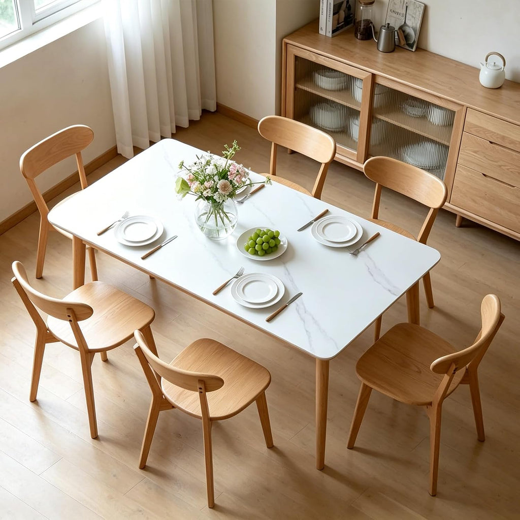 Solid Oak Wood Dining Chairs Set of 6 | Heavy Duty 400 lbs Commercial Grade | Natural Finish | Mid Century Modern Curved Back Wooden Chairs for Home Kitchen Restaurant | Easy Assembly