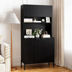 LOKO 64.5” Tall Kitchen Pantry Cabinet, Buffet Sideboard with Charging Station, Modern Wine Bar Cabinet with Wine Glass Rack, Kitchen Hutch Cupboard for Dining Room, Living Room (Black)