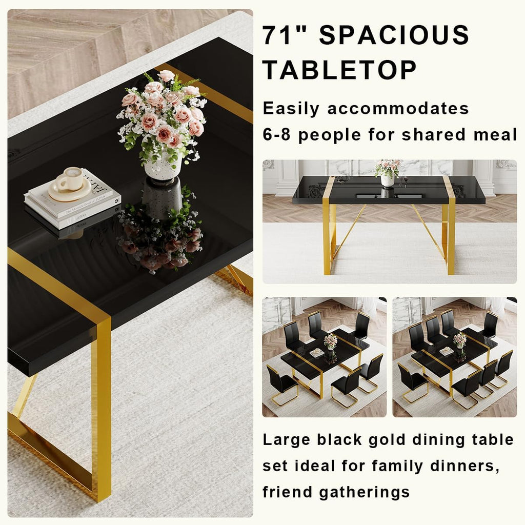 71" Modern Dining Table Set for 8, Black Dining Table Set for 8, Black Wood Tabletop with Gold Metal Legs, Rectangular Kitchen Table and 8 Faux Leather Chair for Apartment, Kitchen & Dining Room