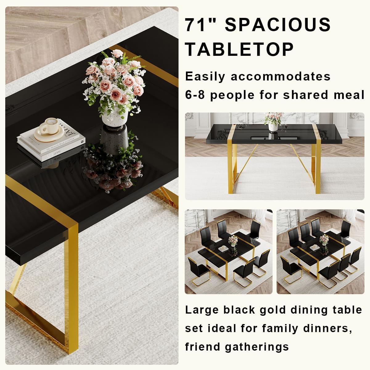 71" Modern Dining Table Set for 8, Black Dining Table Set for 8, Black Wood Tabletop with Gold Metal Legs, Rectangular Kitchen Table and 8 Faux Leather Chair for Apartment, Kitchen & Dining Room