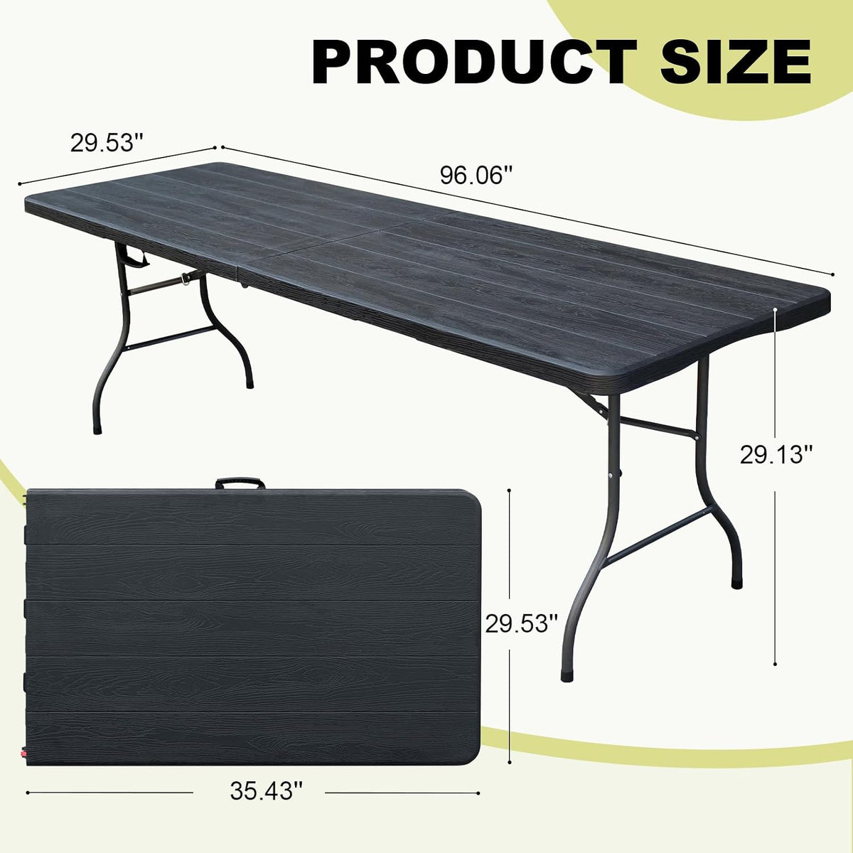 8ft Folding Table, Portable Heavy Duty Plastic Fold-in-Half Utility Table for Indoor/Outdoor Use, Dining, Camping, Picnic, Party, Black Woodgrain