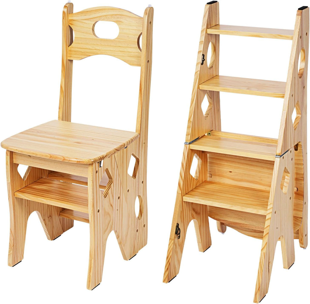 4 Step Foot Stool Chair 3 in 1 Wooden Library Ladder Solid Folding Portable Wood Display Stand Flower Rack Indoor Stepladder Shoe Bench for Home, Library, Kitchen, Office