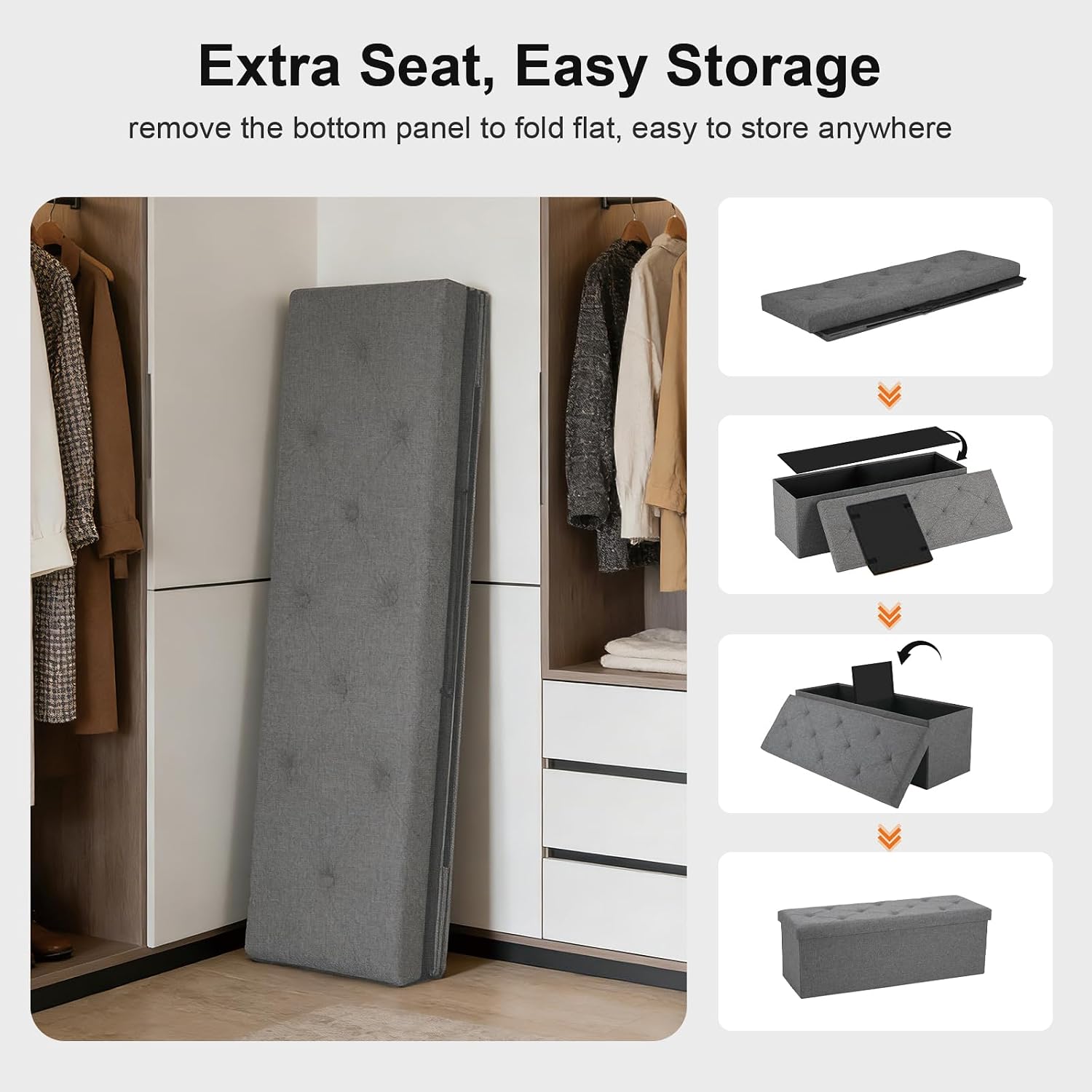 Storage Bench for Bedroom,Storage Ottoman Bench,35 Gallon,Foldable,Gray | Fabric Covered Storage Bench with Seat,Kids Toy Hidden Storage Bench,15x43x15in,Easy Assembly