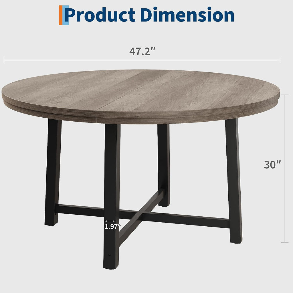 47 Inch Round Dining Table for 4-6 People, Modern Kitchen Table with Wood Metal Industrial Design, Circle Diner Table for Small Space Home Kitchen-Rustic Grey
