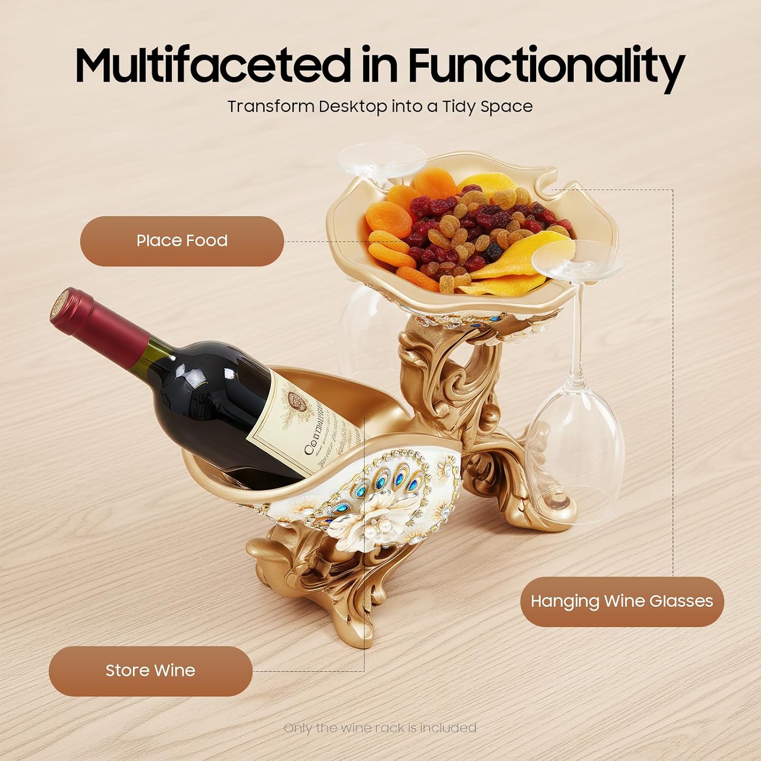 Tabletop Golden Luxury Cameo Wine Rack, Countertop Acrylic & Resin Bottle Display Holder with 3 Glass Notches, Elegant Flower Diamond Wine Decor for Kitchen Bar Gifts, Holds 1 Bottle and 3 Glasses