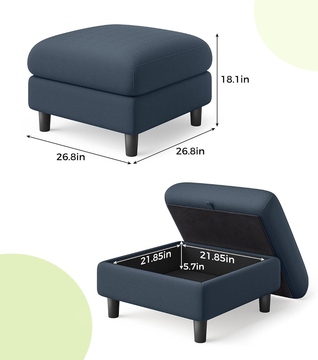 Welzona Teddy Storage Ottoman, 26.7"Large Living Room Ottoman, Coffee Table | All-Wood Ottomans with Storage, Tool-Free Setup Bench for Bedroom, for Welzona Loveseat Sofa Couch Living Room Set, Blue Grey