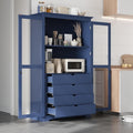 75" Tall Kitchen Pantry Cabinet, Freestanding Food Storage Cupboard, Modern Display Cabinet with Glass Doors and 4 Built-in Drawers, Storage Furniture for Kitchen, Living Room,Blue