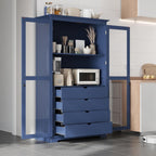 75" Tall Kitchen Pantry Cabinet, Freestanding Food Storage Cupboard, Modern Display Cabinet with Glass Doors and 4 Built-in Drawers, Storage Furniture for Kitchen, Living Room,Blue