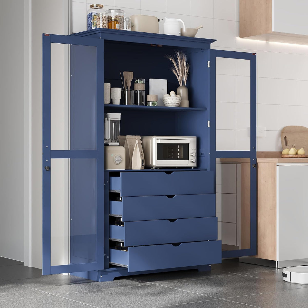 75" Tall Kitchen Pantry Cabinet, Freestanding Food Storage Cupboard, Modern Display Cabinet with Glass Doors and 4 Built-in Drawers, Storage Furniture for Kitchen, Living Room,Blue