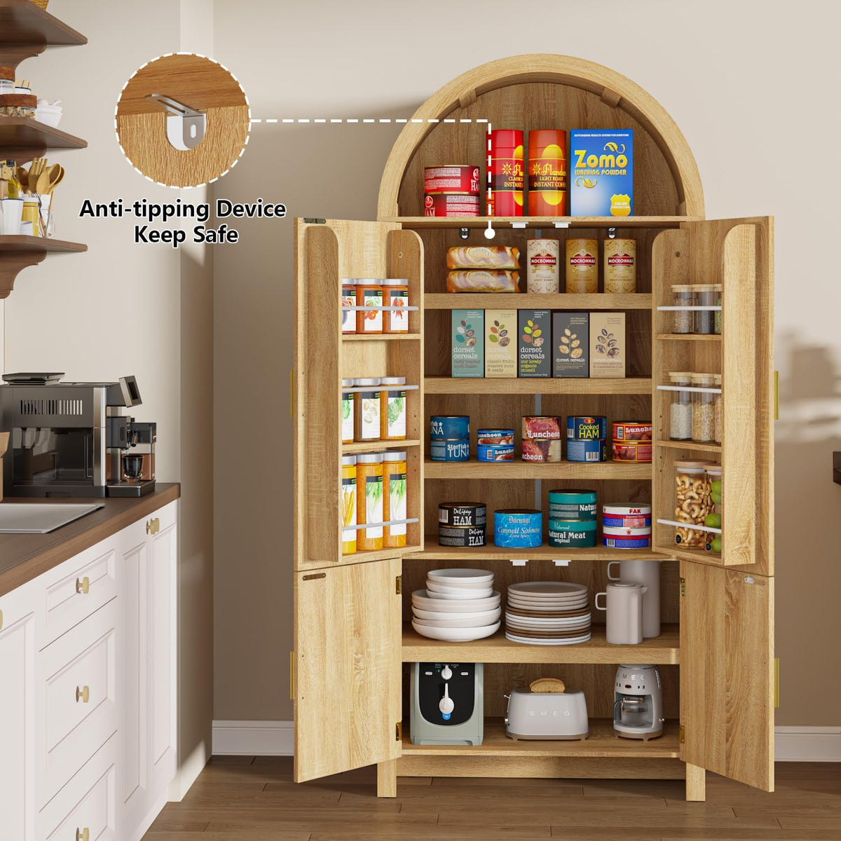 Arched Cabinet, 71" Tall Arched Kitchen Pantry Storage Cabinet with Doors, Modern Fluted Kitchen Storage Cabinet with Adjustable Shelves, Natural Cupboard for Kitchen, Dining Room, Bathroom