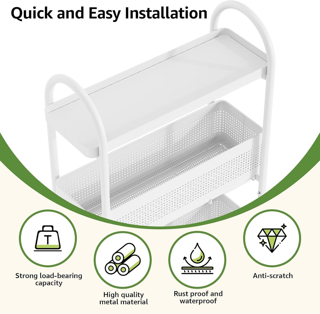KINGRACK 4 Tier Slim Rolling Cart with Drawer, Metal Utility Storage Cart | 2 Pull-out Baskets, Lockable Wheels, Narrow Space Trolley Organizer for Bathroom, Kitchen, Office, Dorm, Laundry Room, White
